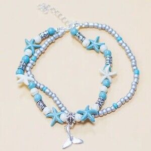 NEW OCEAN BEACH FISH TAIL CHARM RICE BEADS STARFISH ADJUSTABLE ANKLE BRACELET